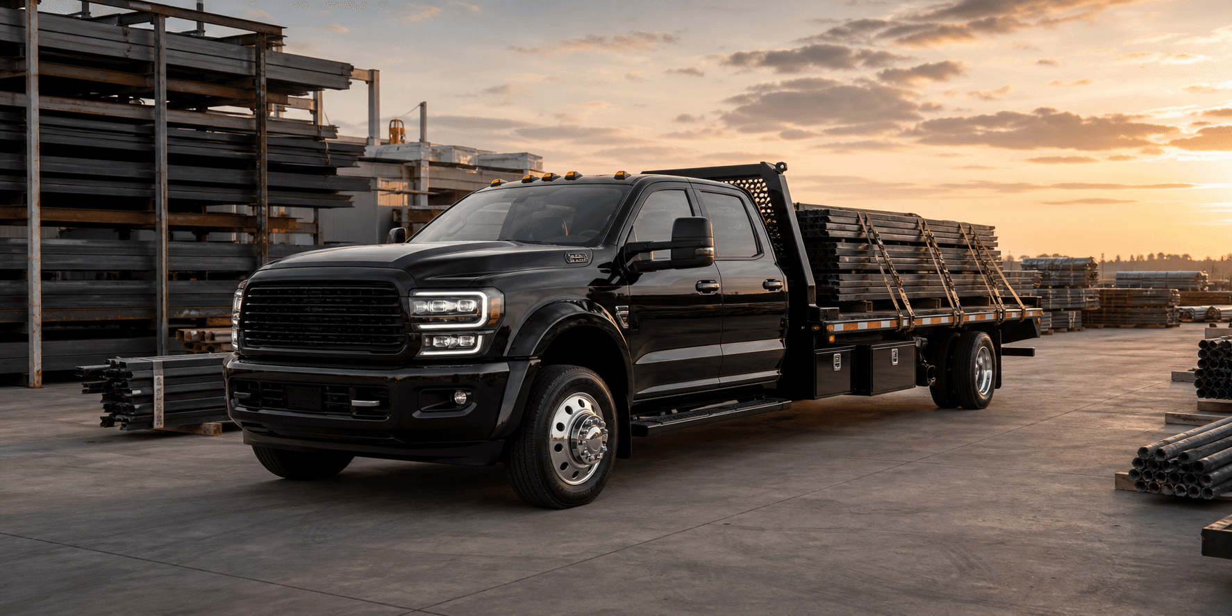 SAI WAYZ LLC flatbed freight equipment positioned at a modern logistics warehouse