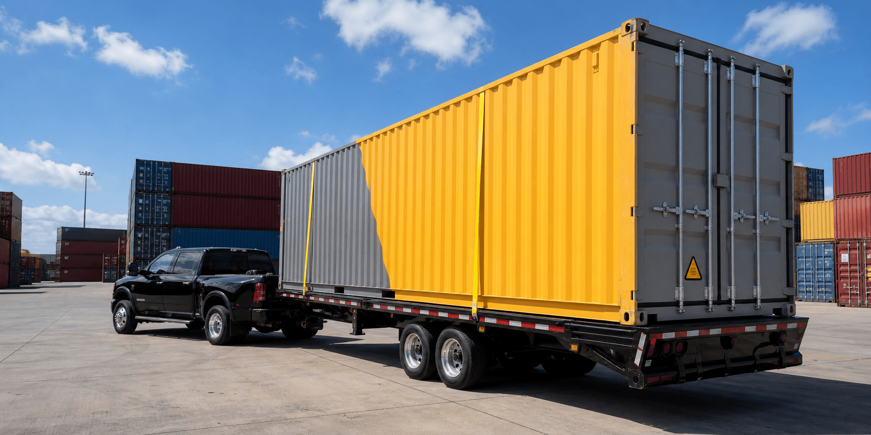 Black dually truck hauling a yellow shipping container through a bright container yard