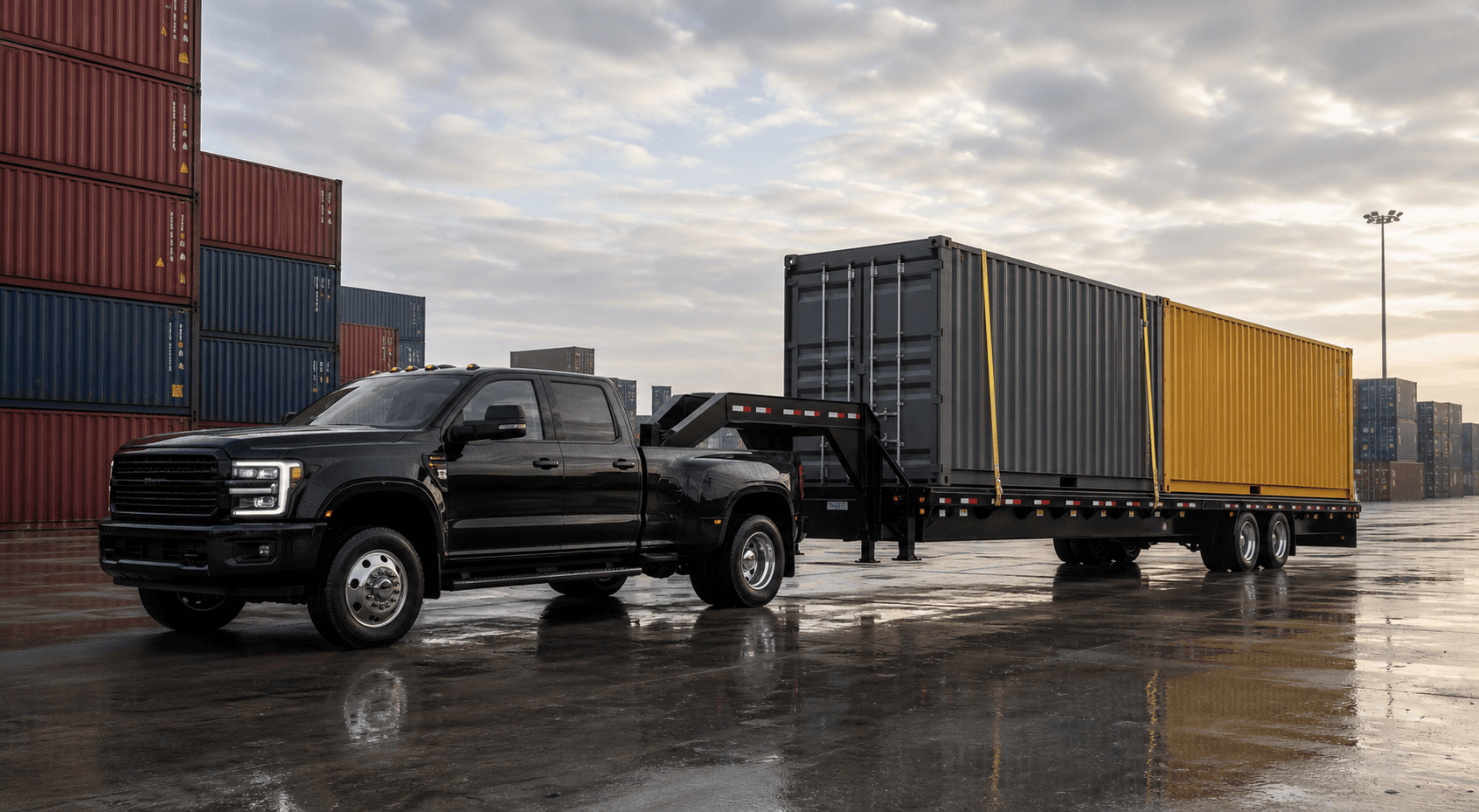 Black dually truck hauling shipping containers through a container yard in morning light with clouds