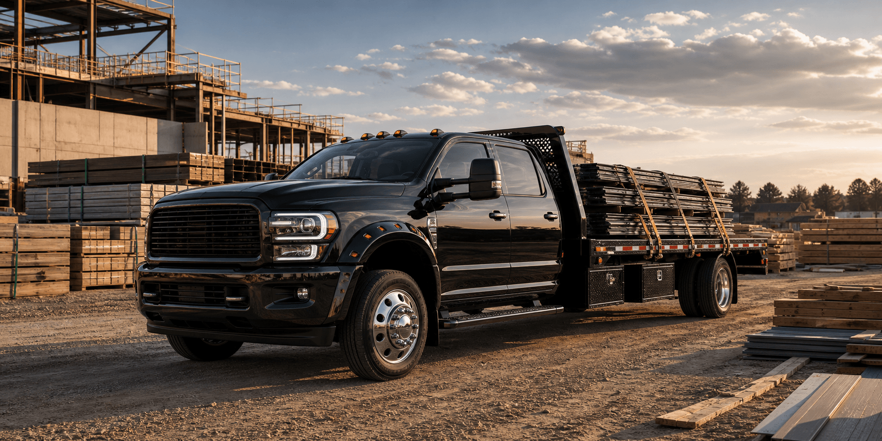 Black flatbed freight truck loaded with construction materials at a commercial site