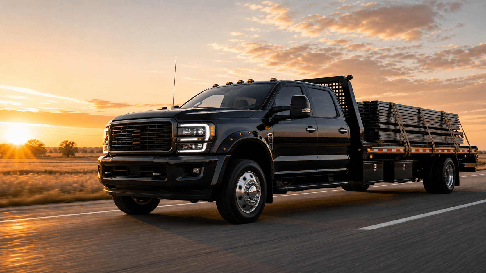 Black SAI WAYZ LLC flatbed truck hauling freight across a Midwest roadway