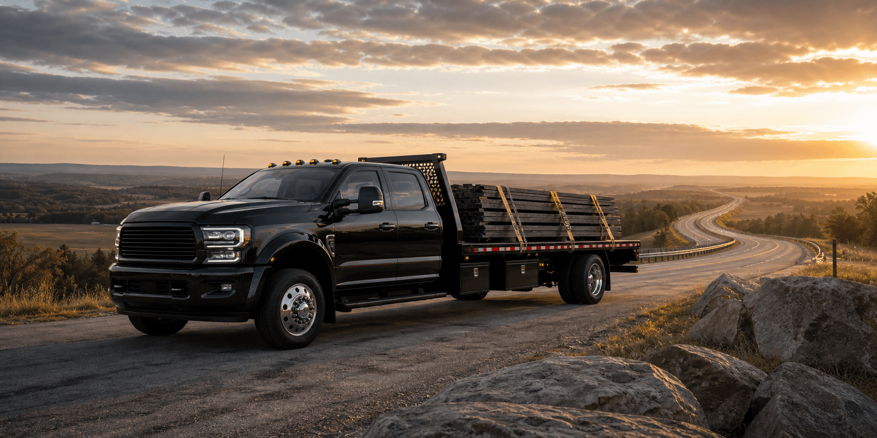 Black flatbed truck on an open route used for freight quote requests